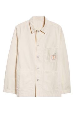 The British haberdasher draws inspiration from traditional workwear in this cotton-and-linen chore jacket detailed with an embroidered apple at the chest. 29 1/2" length (size 46) Front button closure Spread collar Front patch pockets 78% cotton, 22% linen Machine wash, line dry Made in Portugal Designer Clothing Chore Jacket, Cotton Linen, Drake, Work Wear, Portugal, Nordstrom, Collar, Free Shipping, Clothes Design