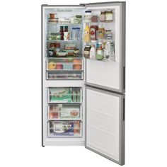 an open refrigerator with its door wide open and food in the bottom drawer, on a white background