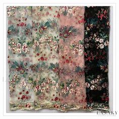 three pieces of fabric with flowers and leaves on them, all in different colors or patterns