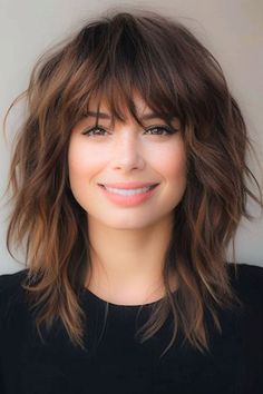 Mid-Length Soft Shag With Bangs. Womens Short Layered Hairstyles, Medium Hair Flipped Out Ends, Shaggy Medium Hair With Bangs Round Face, Shoulder Length With Fringe, Women Shaggy Haircut, Polished Shag Haircut, Shaggy Haircuts Medium Straight, Shag Hairstyles Medium Thick Hair, Medium Length Choppy Haircuts