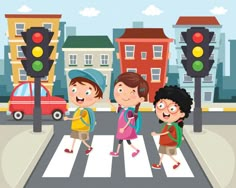 three children crossing the street at a crosswalk