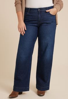 Plus Size Dark High Rise Wide Leg Jean - Materials & Care:imported - 73% cotton 20% lyocell 2% elastane - machine wash Best Jeans For Apple Shaped Women, Plus Jeans, Maurices Plus Size, High Rise Wide Leg Jeans, Plus Size Boutique, Curvy Jeans, Jeans Material, Best Jeans, List Style