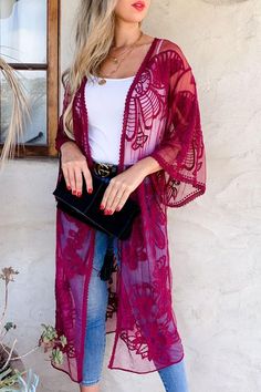 Plum colored Floral Lace Sheer Tie-Front Maxi Kimono Cardigan. Chic V-neck Kimono For Fall, Chic Long Sleeve Cardigan For Festival, Chic Fall Cover-up For Layering, Chic Fall Layering Cover-up, Fall Layering Cover-up, Chic Fitted Open Front Kimono, Long Fall Cover-up For Day Out, Red Spring Cardigan For Vacation, Red Spring Vacation Cardigan