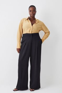 Plus Size Essential Tailored Wide Leg Trouser Office Outfits Business Casual, Plus Size Wide Leg Pants Outfit, Plus Size Business Casual, Plus Size Wide Leg Pants, Plus Size Business, Belted Wrap Coat, Wide Leg Pants Outfit, Plus Size Work, Ankle Length Jeans