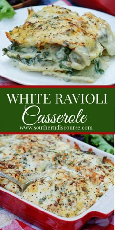 white ravioli casserole with spinach and cheese in a red dish on a checkered tablecloth