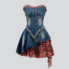 Mixed fabric strapless denim dress Denim Dresses Online, Strapless Denim Dress, Collage Style, Womens Denim Dress, Functional Fashion, Looks Street Style, Mixing Fabrics, 2000s Fashion, Stage Outfits