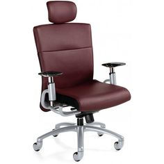 an office chair with arm rest and footrests in burgundy leather, viewed from the front