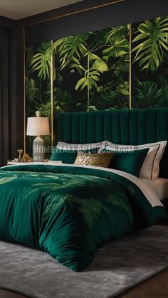 a bed with green comforters and pillows in a bedroom