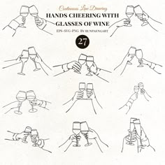 hand cheers with glasses of wine drawn in black ink on white paper, set of 7