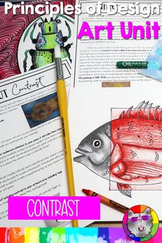 an art unit with colored pencils and watercolor paper on it, including pictures of fish