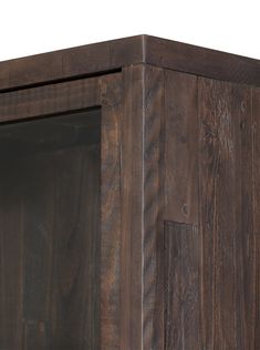 a wooden cabinet with glass doors on the top and bottom side, against a white background