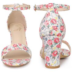 These floral-print heel sandals are sure to be a dazzling look. They feature an open toe, chunky block heels, and ankle straps, which add a touch of cuteness to your look. Designed with chunky block heels, it allows you to walk more comfortably. Pair them with your favorite cocktail dress and colorful accessories for a glamorous party look this season. Great to be a gift for your friend or sister. Spring Ankle Strap Block Heels With Stacked Heel, Spring Block Heels With Ankle Strap And Stacked Heel, Spring Open Heel Block Heels With 4-inch Heel, Spring Block Heels With 4-inch Open Heel, Closed Toe Floral Print Heels For Summer, Spring Floral Print Sandals With Open Heel, Spring Open Toe Block Heels With 4-inch Heel, Spring Floral Print Closed Toe Sandals, Spring Floral Print Open Heel Sandals