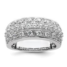 Rhodium over 14K white gold three row wedding band with 1.241 cttw, I1 clarity round diamonds and polished finish. Band width measures approximately 3/16". White Gold Diamond Band, 14k White Gold Diamond Ring, Wedding Ring Diamond Band, Gold Diamond Band, Diamond Anniversary Rings, Ladies Diamond Rings, Wedding Band Ring, Diamond Anniversary, White Gold Band