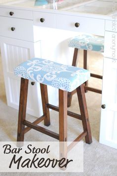 two stools with the words bar stool makeover on them in white and blue