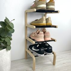 three tiered shoe rack holding several pairs of shoes and a potted plant in the corner