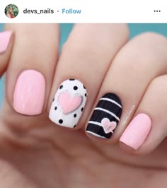 Nails Design In Pink, Pink Black And White Valentine Nails, Gel Polish Nail Designs 2025, Pink Nails With Art, Stunning Nails Classy, Pink And Black Star Nails, Pink Nails With Black Heart, Super Simple Nail Designs, Purple And Pink Nails Design