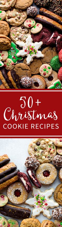 christmas cookies and pastries on display with the words 50 + christmas cookie recipes over them