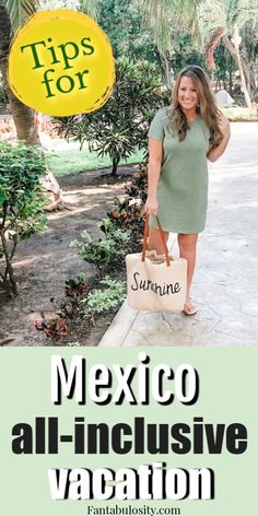 a woman holding a shopping bag with the words tips for mexico all - inclusive vacation