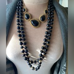 One Vintage Double Strand Of Black Beads And Gold Accents.Adjustable Length.About 15”.Also One Goldtone Necklace With 5 Black Stones Set In Decorative Gold.Adjustable About 10”.That One Is Nwt. Vintage Black Beaded Necklace With Beaded Chain, Vintage Black Beaded Chain Necklace, Black Single Strand Beaded Necklaces For Party, Black Faceted Beads For Party, Black Single Strand Beaded Necklace For Party, Black Beaded Necklace For Formal Costume Jewelry, Black Single Strand Necklace For Party, Party Black Single Strand Beaded Necklace, Black Beaded Costume Jewelry Necklace For Formal Occasions