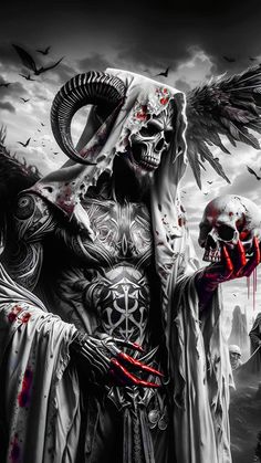 a skeleton with wings and blood on his face holding a knife in front of him