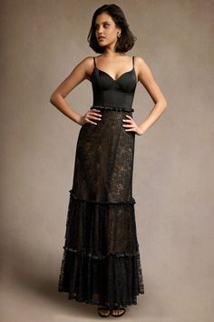 Our Jennifer Ruffle Maxi Dress is the perfect dress for evening events. This style includes a beautiful sweetheart neckline crafted from satin paired with an A-line lace ruffle skirt. Wear this beauty to your next formal night out or a wedding reception. Black Lace Ruffle Dress, Gala Evening Dress With Scalloped Lace And Sweetheart Neckline, Fitted Spaghetti Straps Evening Dress With Ruffles, Fitted Evening Dress With Spaghetti Straps And Ruffles, Fitted Evening Dress With Ruffles And Spaghetti Straps, Gala Lace Dress With Scalloped Lace And Sweetheart Neckline, Elegant Spaghetti Strap Evening Dress With Ruffles, Fitted Evening Dress With Sweetheart Neckline And Ruffles, Elegant Evening Dress With Spaghetti Straps And Ruffles