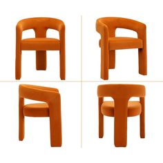 four different views of an orange plastic chair