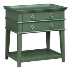 a green table with two drawers on one side and an open drawer on the other