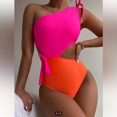 New Shein Swimsuit One Shoulder Orange /Pink Padded Size M Color Block Swimwear, Criss Cross Swimsuit, Shein Swimsuit, Full Body Swimsuit, Orange Swimwear, Tropical Swimsuits, Bathing Suit Dress, Orange Swimsuit, Pink Swim