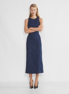 WESTEND DENIM DRESS | Aritzia Dark Denim Dress Outfit, Dark Denim Dress, Fitted Denim Midi Dress, Denim Maxi Dress Outfit, Long Jean Dress, 90s Denim Dress, Jeans Dresses For Women, Work Dresses Women, Dress With Jeans