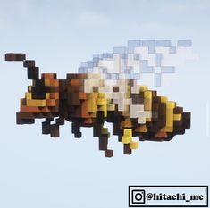 a pixelated image of a bee flying through the sky with clouds in the background