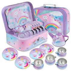 the children's unicorn lunch box is packed with stainless steel dishes and utensils