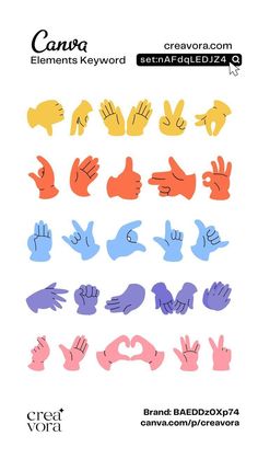 various hand gestures are shown in different colors