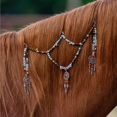 a close up of a horse's mane with beads and feathers attached to it