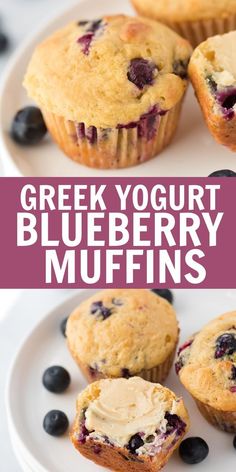 greek yogurt blueberry muffins on a white plate with text overlay