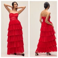 New Anthropologie Hutch Evie Strapless Tiered Tulle Maxi Dress Red Nwt Size 14w New With Tags Evie By Hutch Is A Detailed Maxi Dress, Featuring Tiers Of Ruffled Tulle On A Strapless Silhouette. Zipper Styling Strapless Sweetheart Neckline Tiered Tulle Ruffles Maxi Length Great For Holiday Event Anthropologie Hutch, Tulle Ruffles, Maxi Dress Red, Tulle Maxi Dress, Strapless Sweetheart Neckline, Anthropologie Dress, Hutch, Anthropologie Dresses, Dress Red