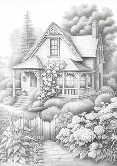 a drawing of a house in the woods with flowers and trees on it's side