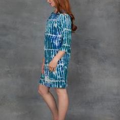 Osei Duro Blue Silk 3/4 Sleeve Tunic Dress Mini Dress, Pattern