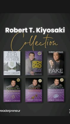 the robert kiyosaki collection is shown in front of a black background with gold lettering