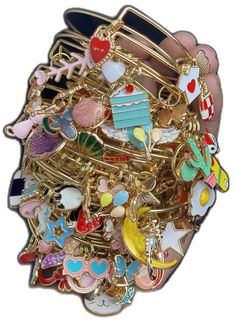 Party Bangle Charm Bracelet, Trendy Handmade Gold Charm Bracelet, Handmade Gold Bangle Charm Bracelet, Cute Gold Bracelets With Charms, Fun Friendship Bangle Jewelry, Cute Gold Stackable Jewelry, Multicolor Charms Party Bracelet, Trendy Multicolor Jewelry With Removable Charms, Trendy Gold Bracelets With Removable Charms