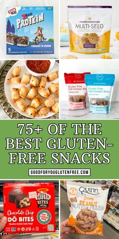 the best gluten - free snacks for kids and adults are on display in this collage