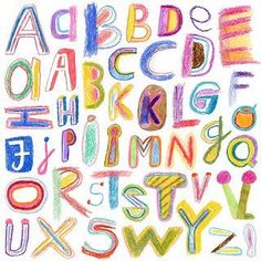 the letters and numbers are drawn with colored crayons