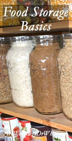 several jars filled with food sitting on top of a shelf