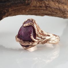 Raw Ruby Leaf and Twig Engagement Ring in 14k Rose Gold, Anniversary Ring, Hand Sculpted by DV Jewelry Designs #RawRuby #OrganicEngagement #EngagementRing #AlternativeBand #LeafWeddingRing #RubyStone #TwigRing #LowProfile #LeafBand #DawnVertrees Drow Warlock, Leaf Wedding Rings, Twig Engagement Ring, Raw Ruby, Organic Jewelry, Gold Anniversary, Ruby Engagement Ring, Ring Hand, Moissanite Wedding Rings