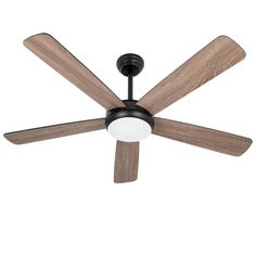 a ceiling fan with two wooden blades and a light on the bottom one is black