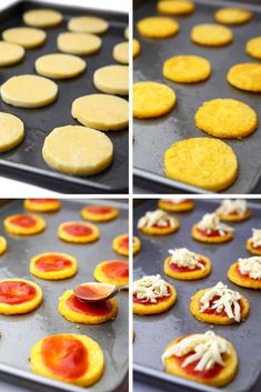 the process of making mini pizzas with cheese and tomato