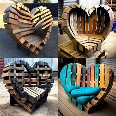 four different types of heart shaped wooden benches and chairs made out of pallet boards