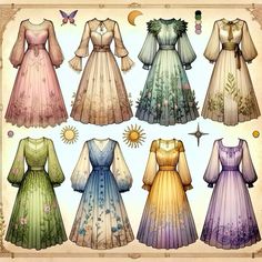 six dresses are shown in different colors and sizes, including one with flowers on it