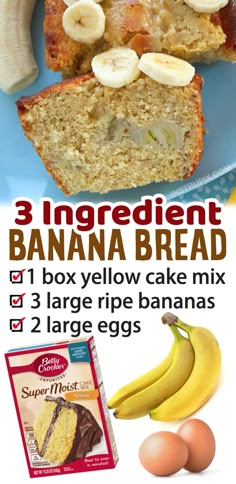 three ingredient banana bread recipe on a blue plate with two eggs and bananas next to it