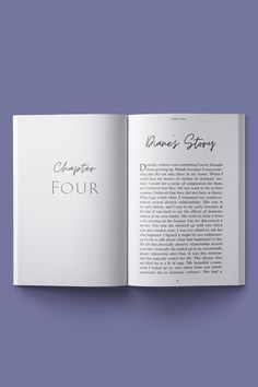 an open book with writing on the front and back pages in black ink, against a purple background