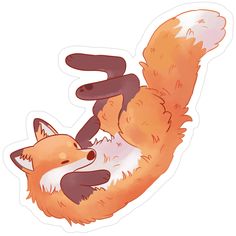 an orange and white fox sticker laying on it's back with its paw in the air